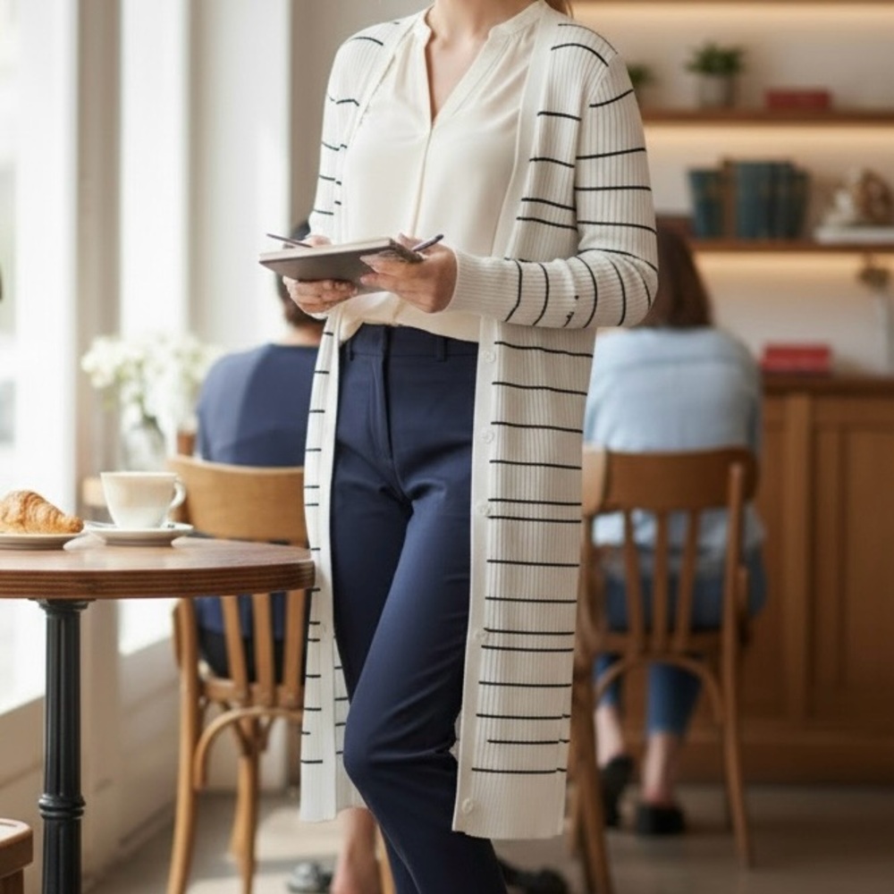 CAbi 5638 Long White Dash Rib Knit Duster Sweater Size: Large